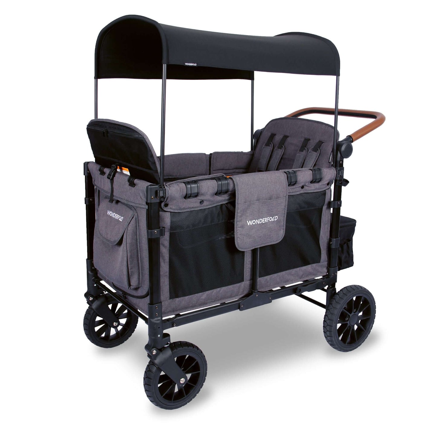 W4 Luxe Quad Stroller Wagon - Inclined Front View of W4 Luxe Quad Stroller Wagon Gray