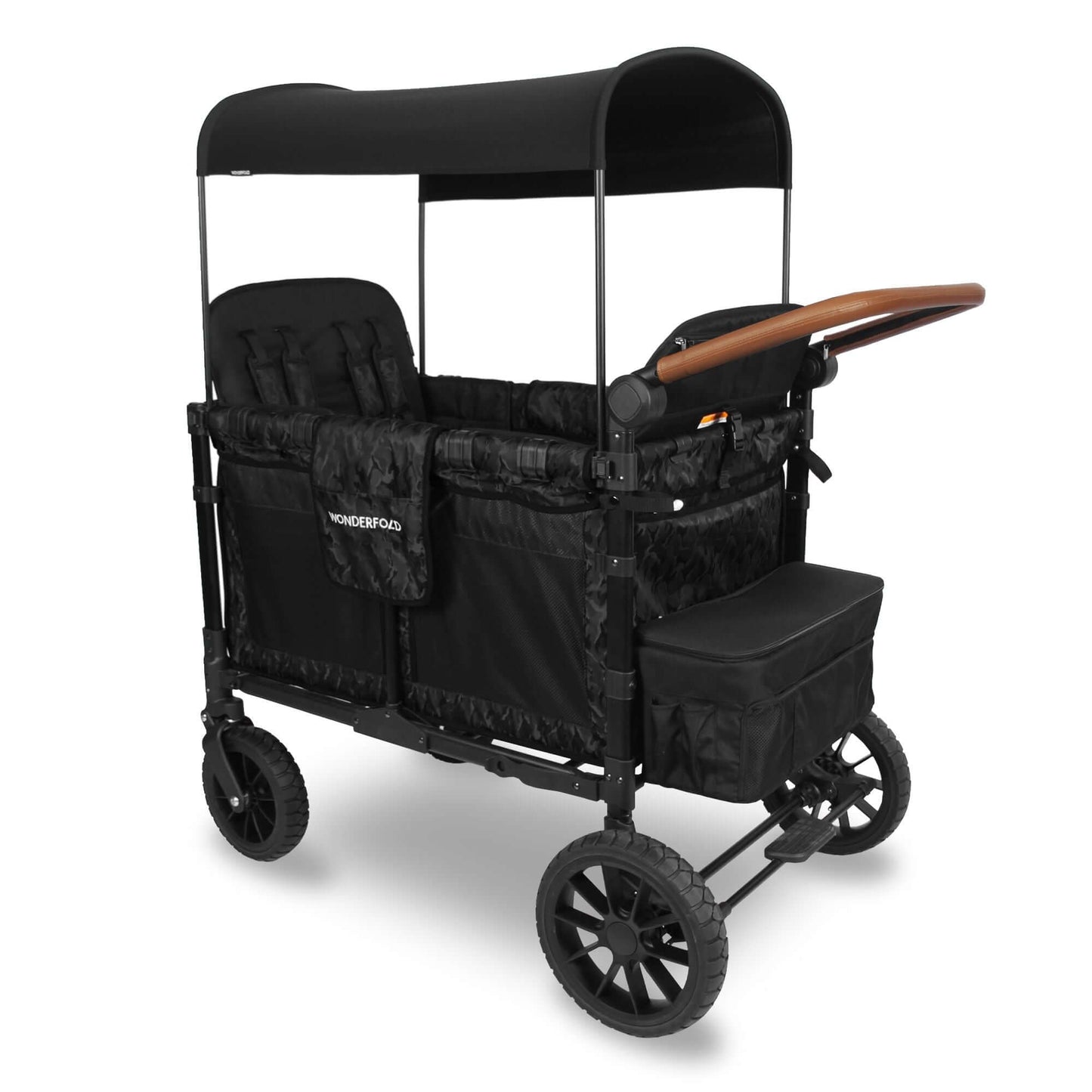 W4 Luxe Quad Stroller Wagon - Inclined Rear View of W4 Luxe Quad Stroller Wagon Black Camo