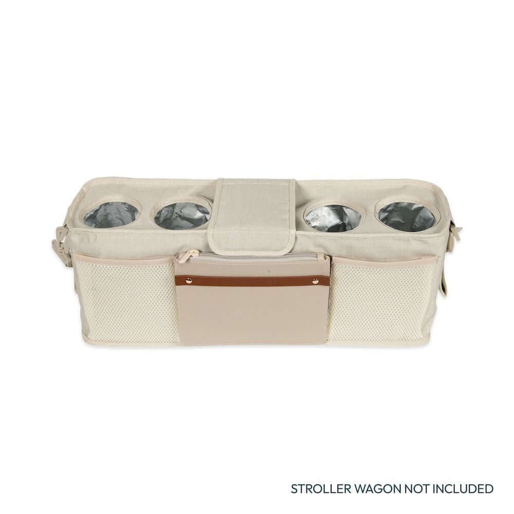 Parent Console Snack Activity Tray with 4 Cupholders - Top Inclined Front View of Parent Console with 4 Cup Holders Beige
