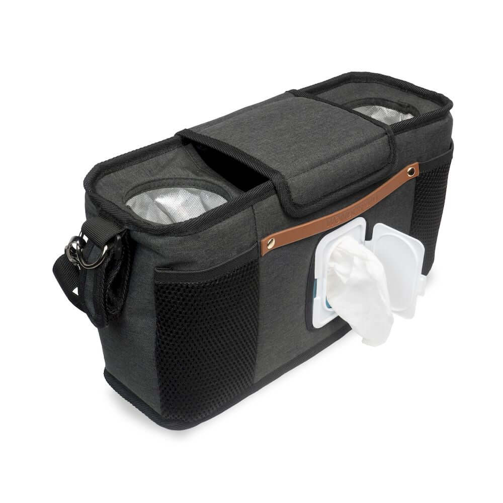 Parent Console with 2 Insulated Cup Holders - Front Inclined View of Tissue Stored Parent Console with 2 Cup Holders Black
