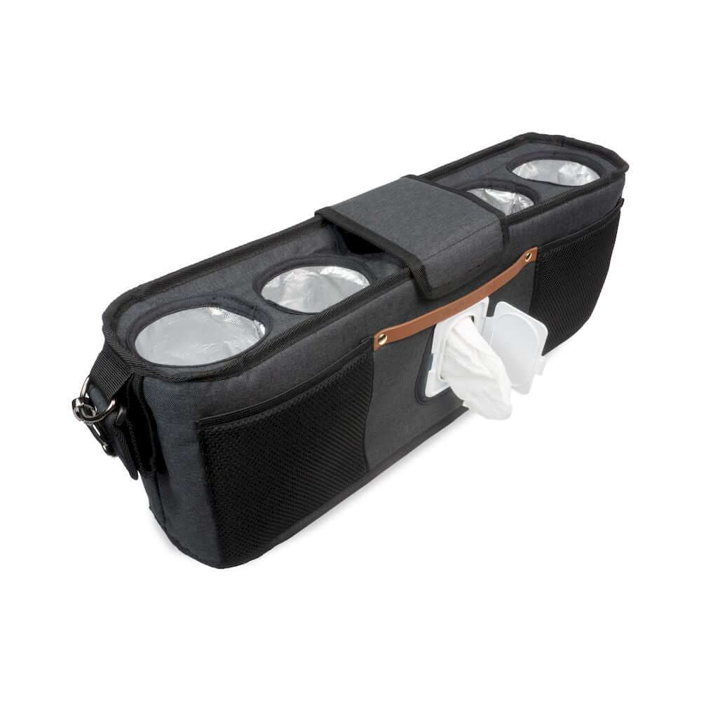 Parent Console Snack Activity Tray with 4 Cupholders - Top Inclined Front View of Parent Console with 4 Cup Holders Black with Tissue Pocket