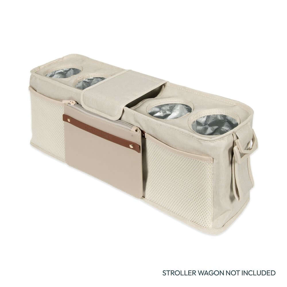 Parent Console Snack Activity Tray with 4 Cupholders - Inclined Side View of Parent Console with 4 Cup Holders Beige