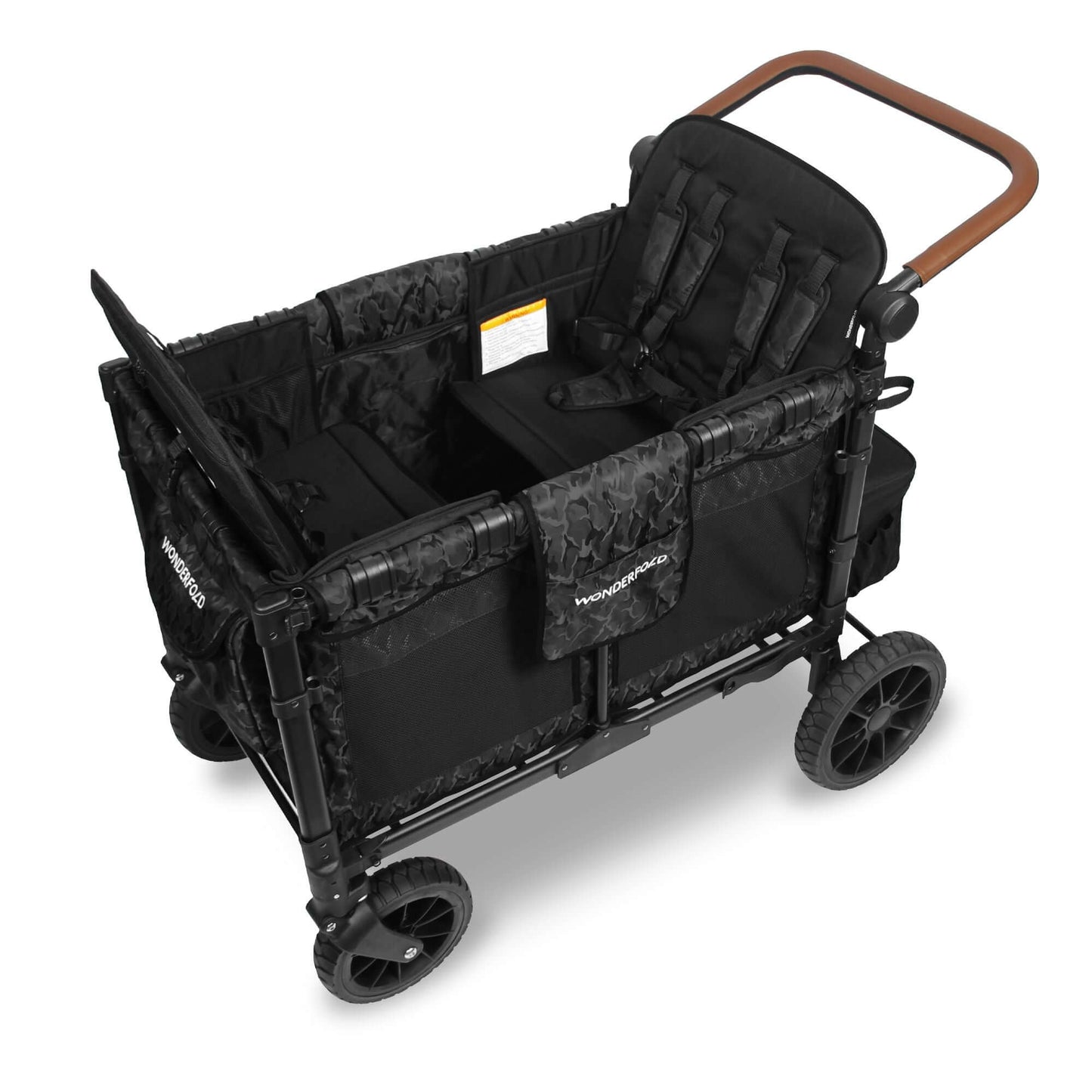 W4 Luxe Quad Stroller Wagon - Top Inclined Side View of W4 Luxe Quad Stroller Wagon Black Camo With Seats