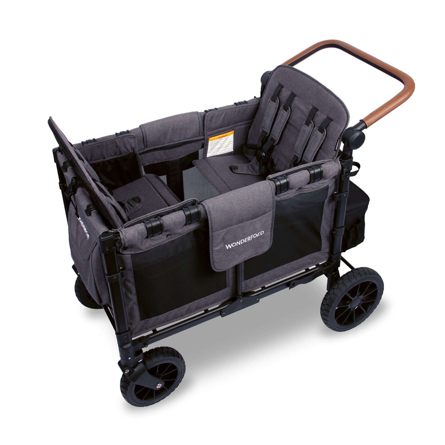 W4 Luxe Quad Stroller Wagon - Top Inclined Side View of W4 Luxe Quad Stroller Wagon Gray With Seats