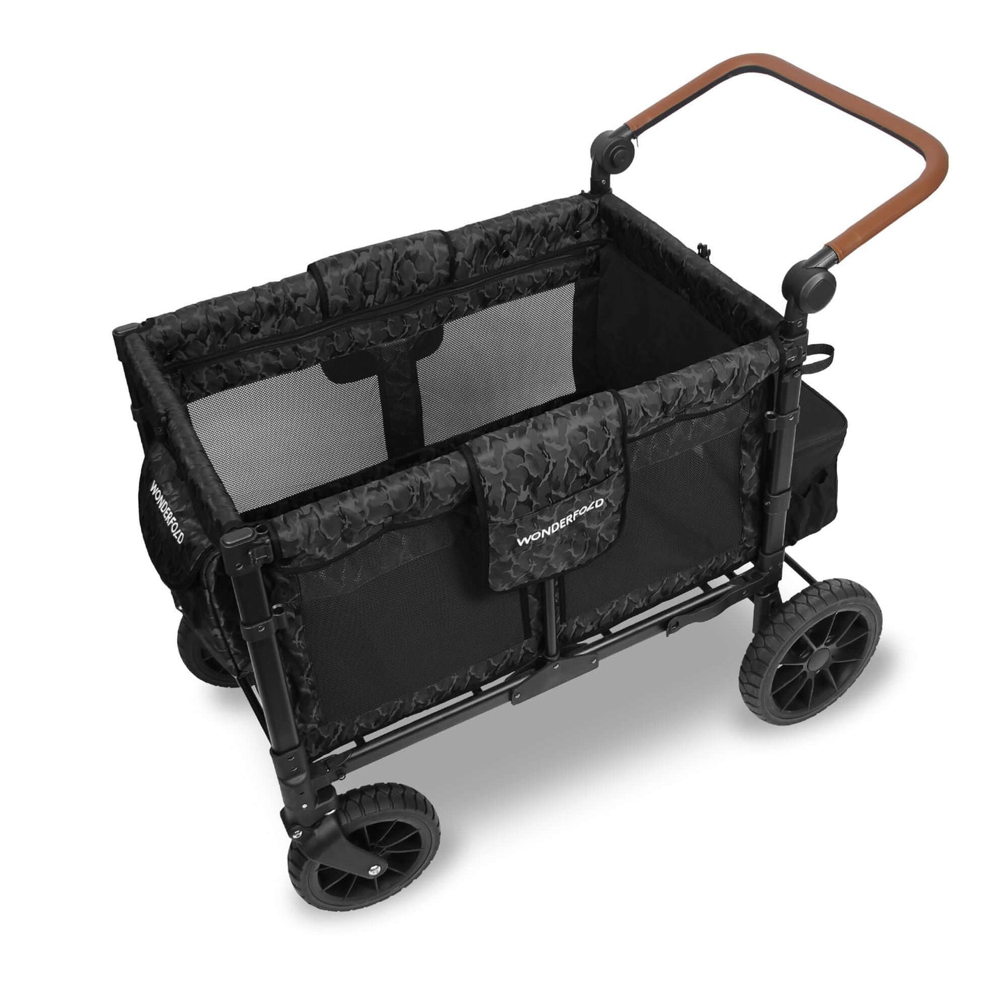 W4 Luxe Quad Stroller Wagon - Top Inclined Side View of W4 Luxe Quad Stroller Wagon Black Camo Without Seats