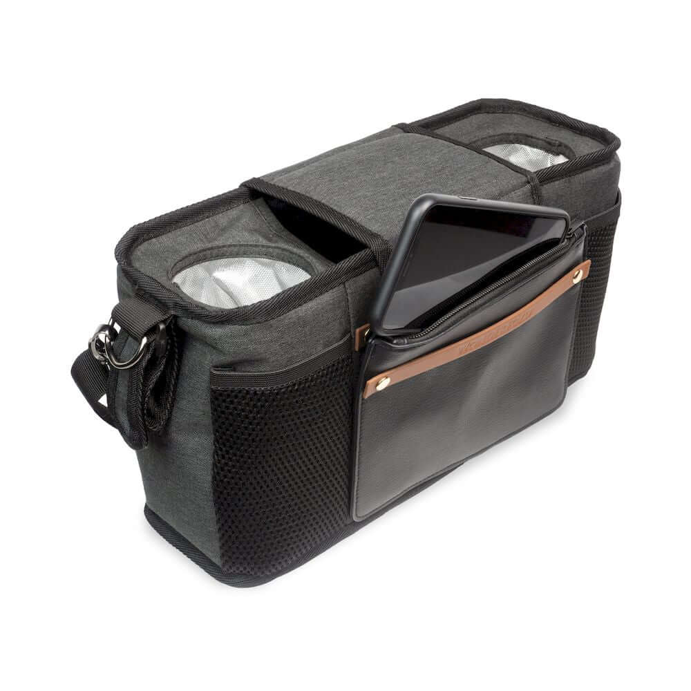 Parent Console with 2 Insulated Cup Holders - Front Inclined View of Phone Stored in Parent Console with 2 Cup Holders Black