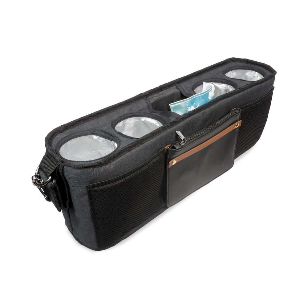 Parent Console Snack Activity Tray with 4 Cupholders - Top Inclined Front View of Parent Console with 4 Cup Holders Black With Side Storage