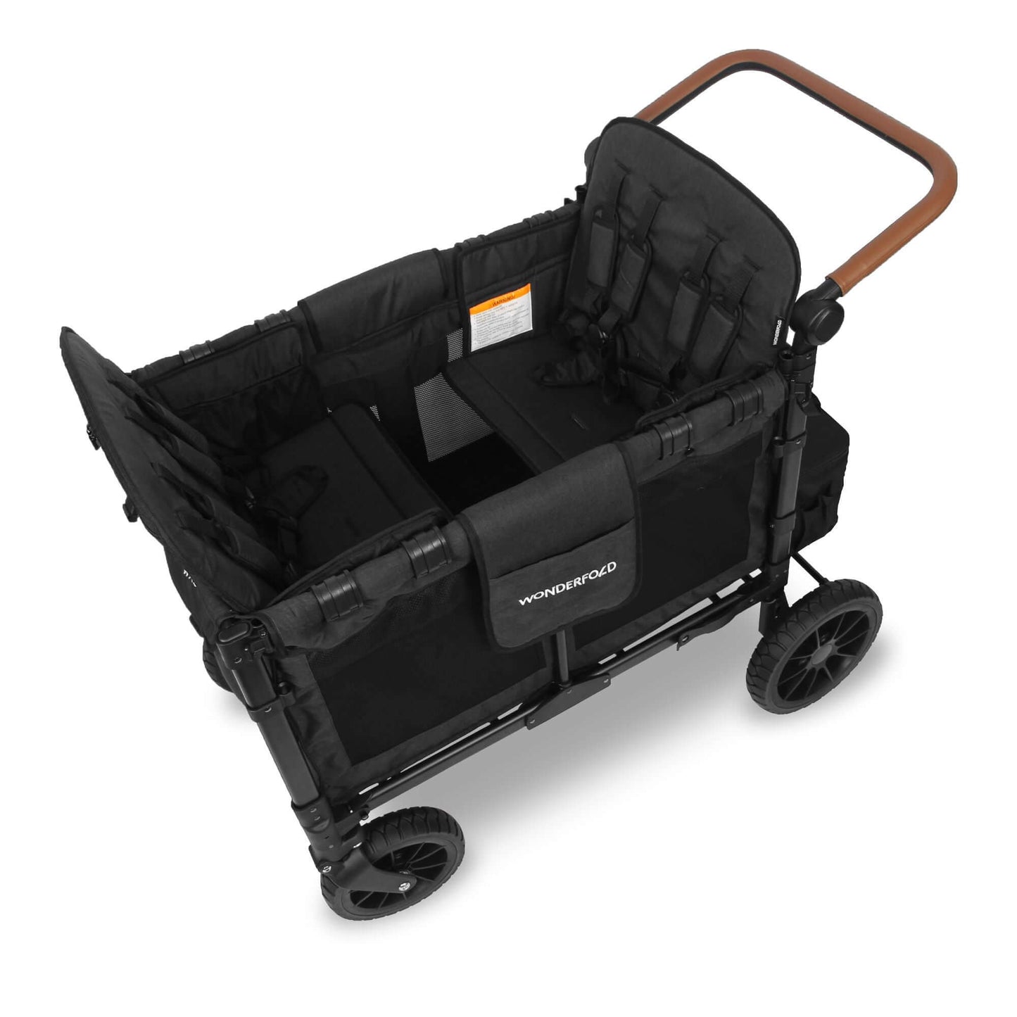 W4 Luxe Quad Stroller Wagon - Top Inclined Side View of W4 Luxe Quad Stroller Wagon Black With Seats