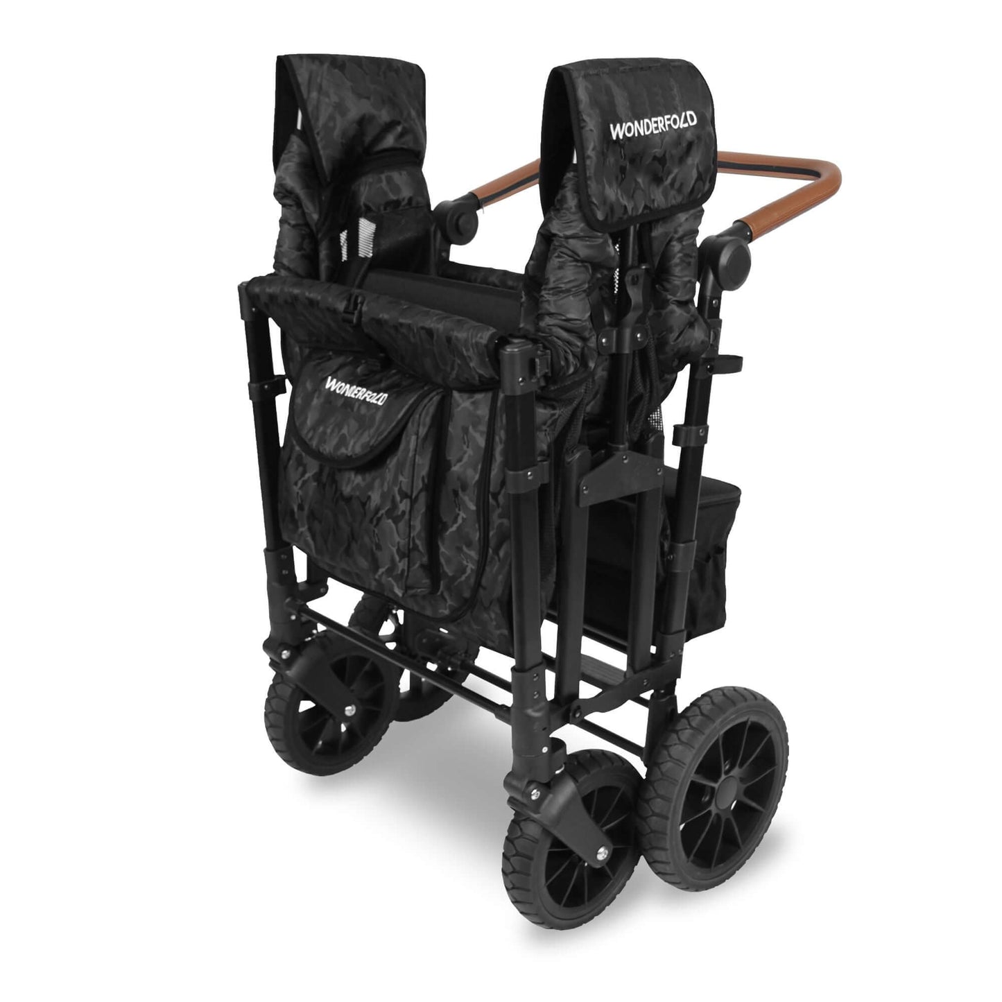 W4 Luxe Quad Stroller Wagon - Inclined Side View of Folded W4 Luxe Quad Stroller Wagon Black Camo