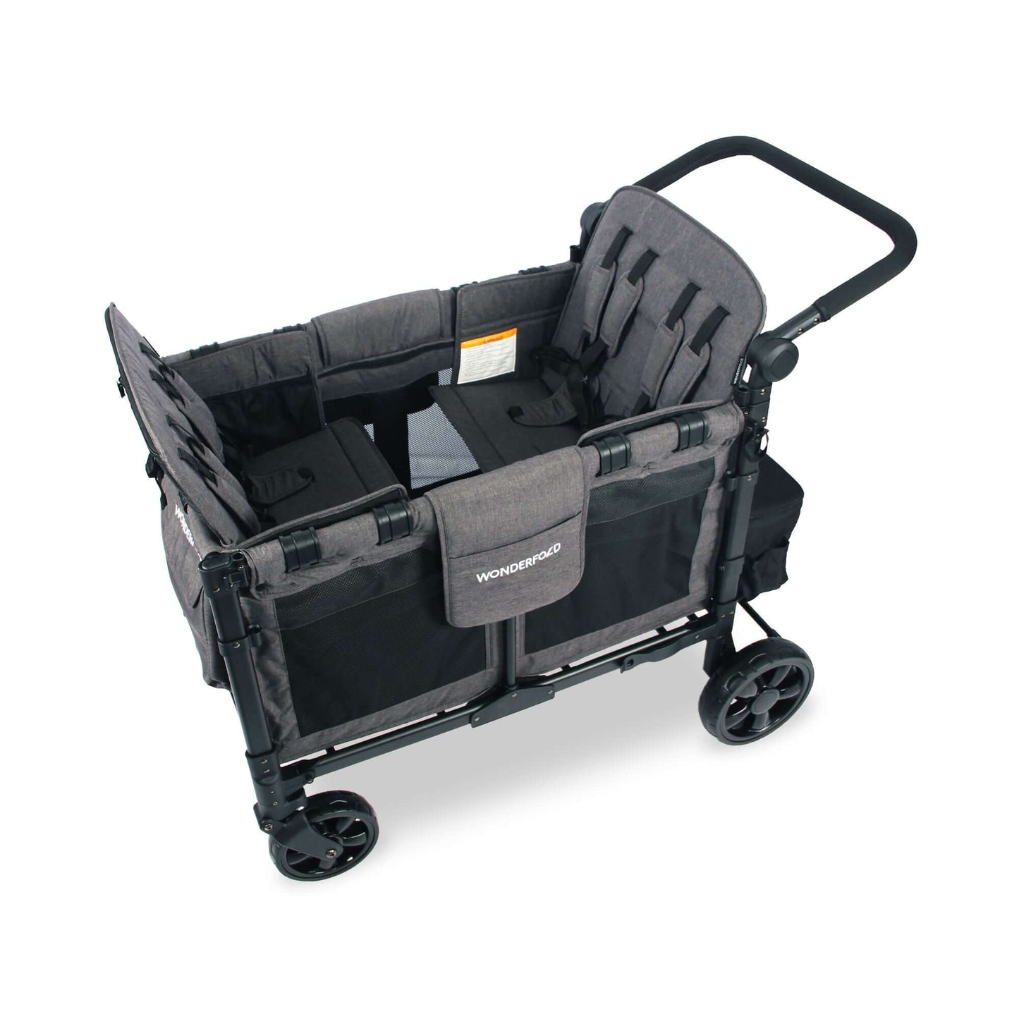 W4 Elite Quad Stroller Wagon - Top Inclined Side View of W4 Elite Quad Stroller Wagon Gray with Seats
