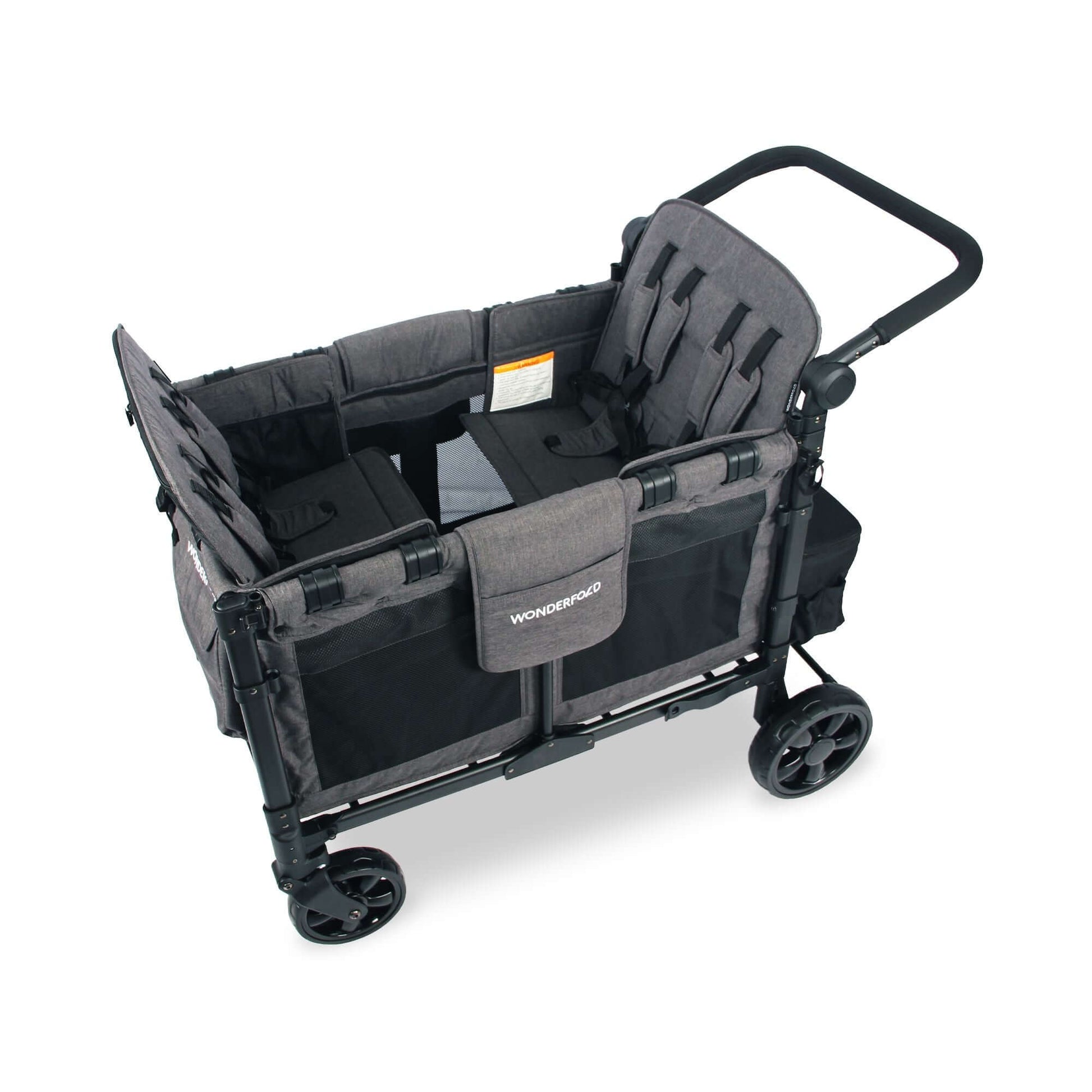W4 Elite Quad Stroller Wagon - Top Inclined Side View of W4 Elite Quad Stroller Wagon Gray with Seats