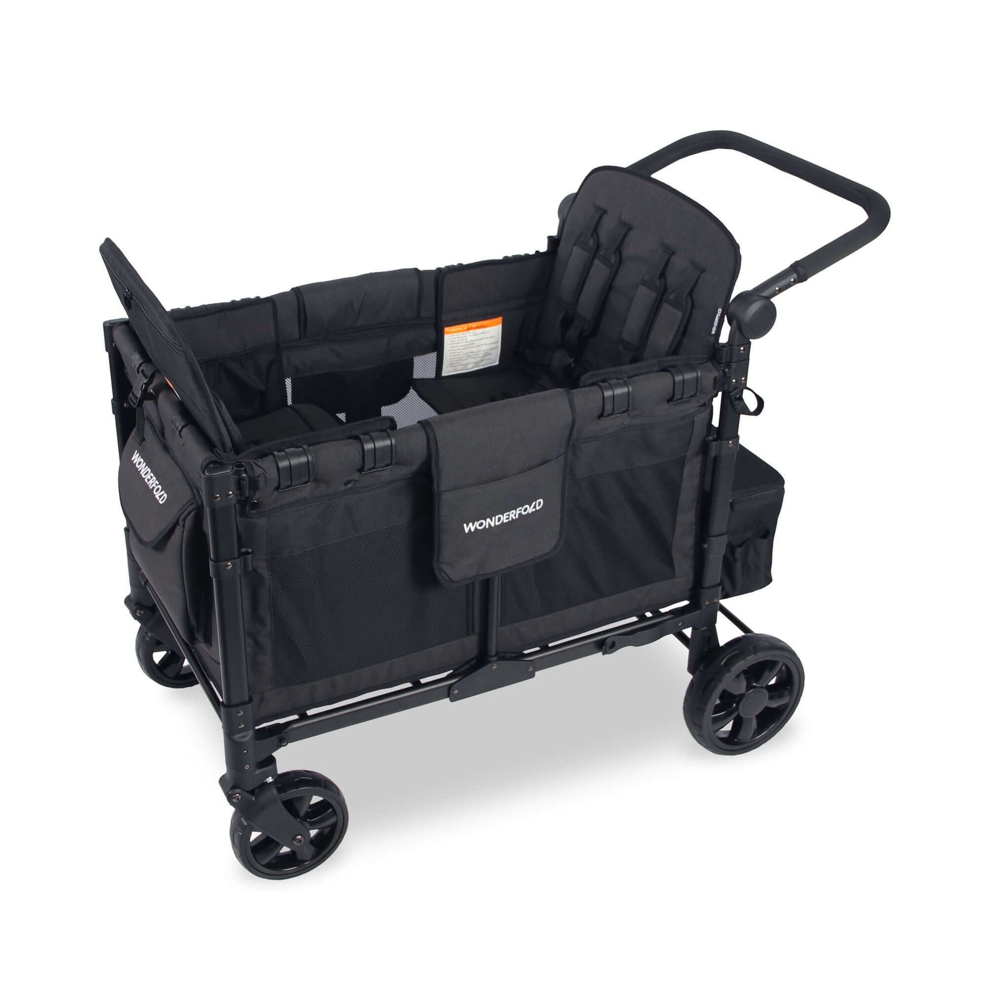 W4 Elite Quad Stroller Wagon - Top Inclined Side View of W4 Elite Quad Stroller Wagon Black with Seats