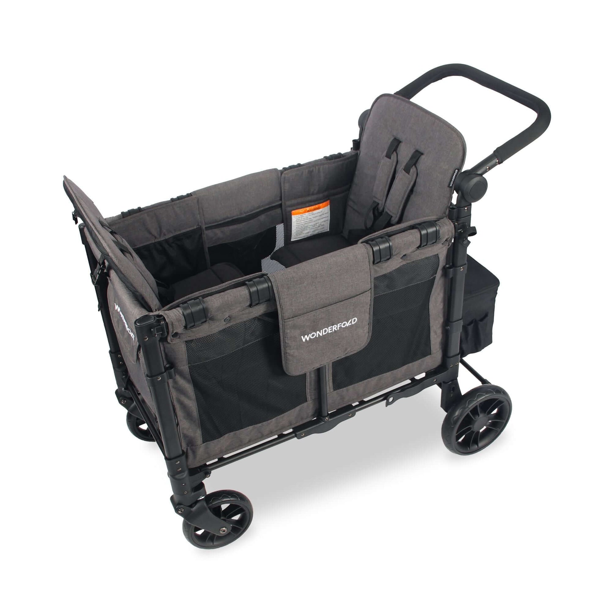W2 Elite Double Stroller Wagon - Top Inclined Side View of W2 Elite Double Stroller Wagon Gray with Seats