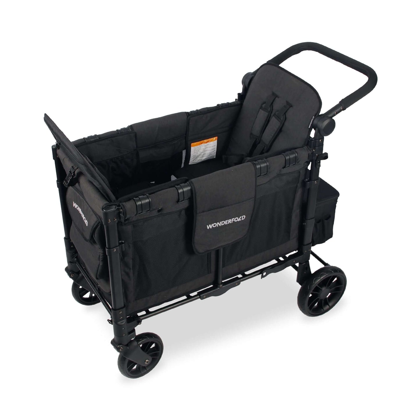 W2 Elite Double Stroller Wagon - Top Inclined Side View of W2 Elite Double Stroller Wagon Black with Seats