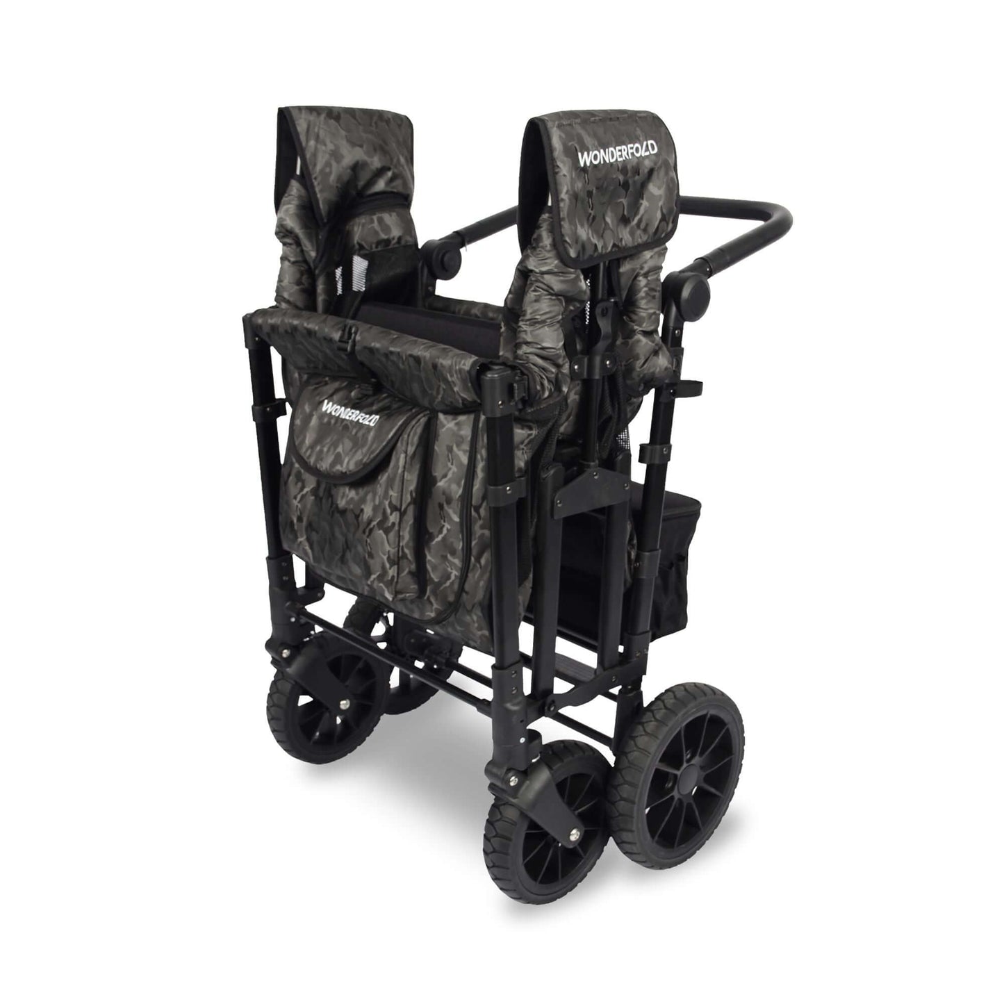W4 Luxe Quad Stroller Wagon - Inclined Side View of Folded W4 Luxe Quad Stroller Wagon Shadow Green Camo