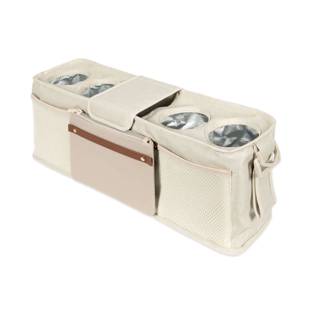 Parent Console Snack Activity Tray with 4 Cupholders - Inclined Front View of Parent Console with 4 Cup Holders Beige