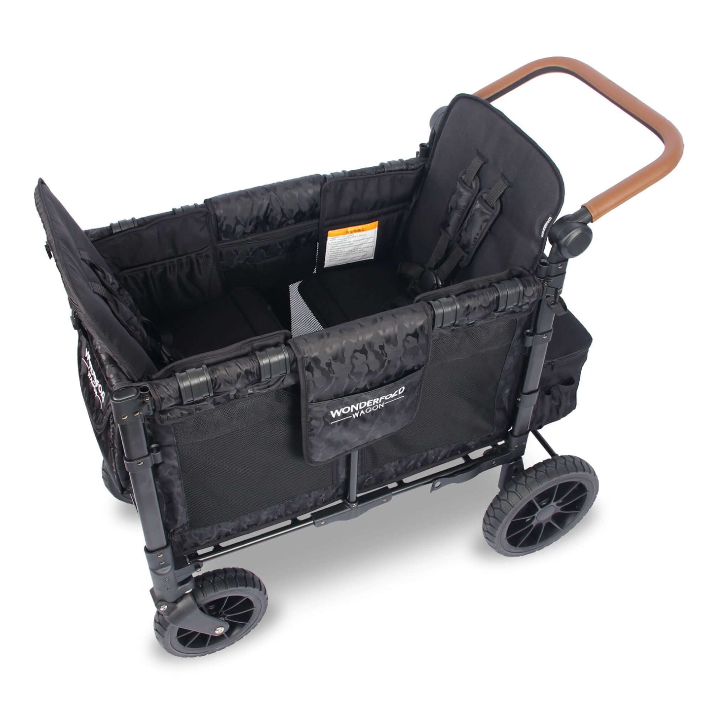 W2 Luxe Double Stroller Wagon - Inclined Side View of W2 Luxe Double Stroller Wagon Elite Black Como with Seats