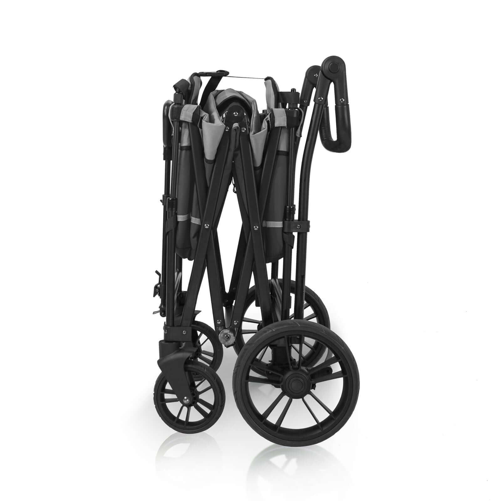 X2 Double Stroller Wagon - Side View of Folded X2 Double Stroller Wagon Gray