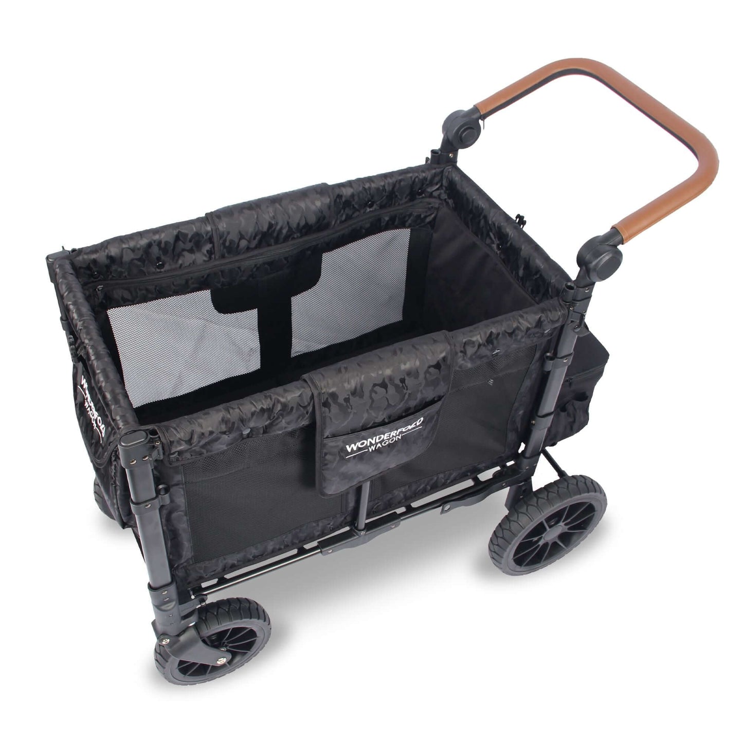 W2 Luxe Double Stroller Wagon - Inclined Side View of W2 Luxe Double Stroller Wagon Elite Black Como without Seats