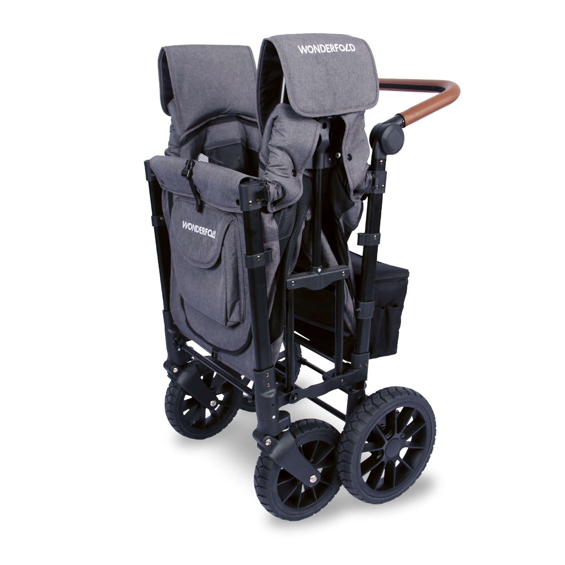 W2 Luxe Double Stroller Wagon - Inclined Side View of Folded W2 Luxe Double Stroller Wagon Gray