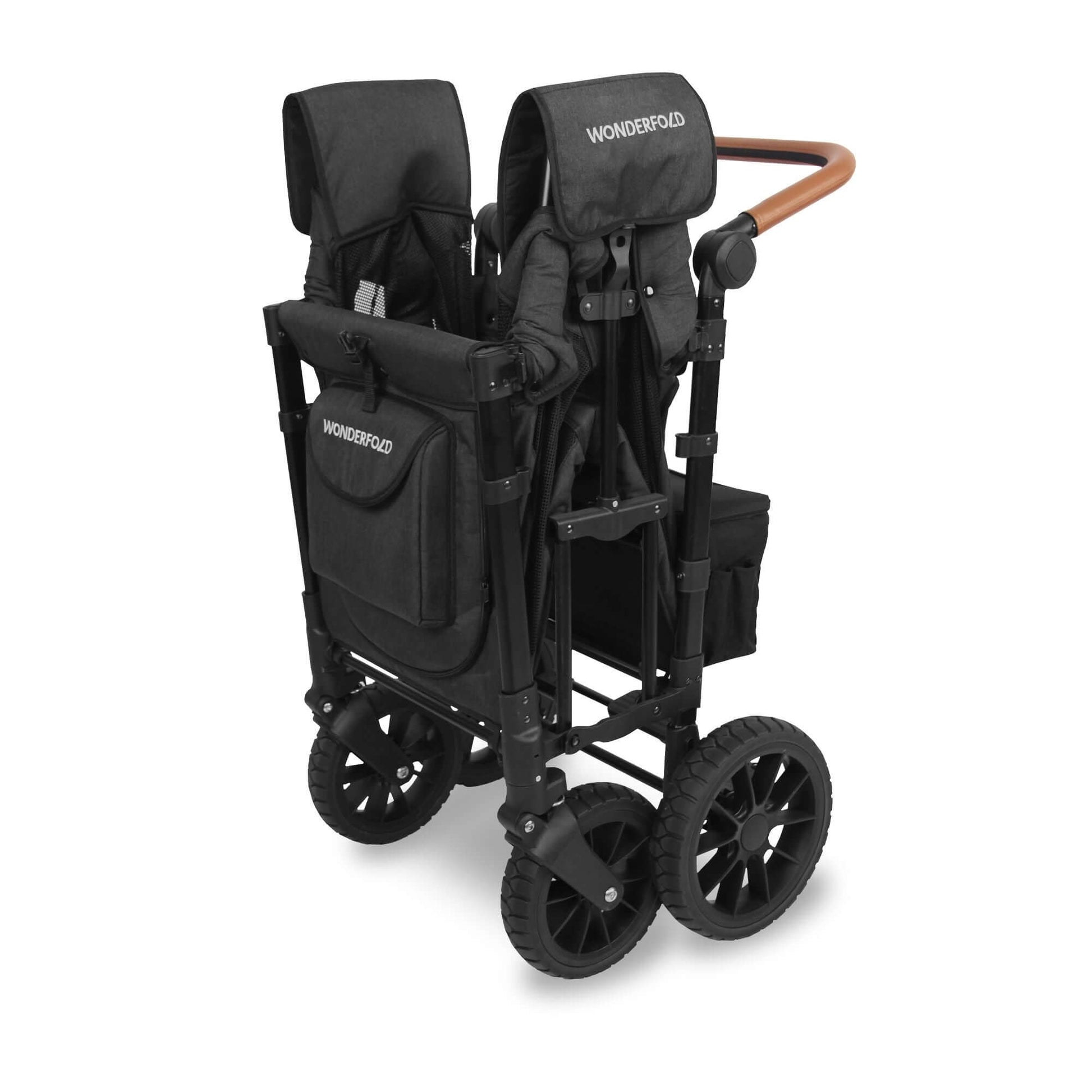 W2 Luxe Double Stroller Wagon - Inclined Side View of Folded W2 Luxe Double Stroller Wagon Black