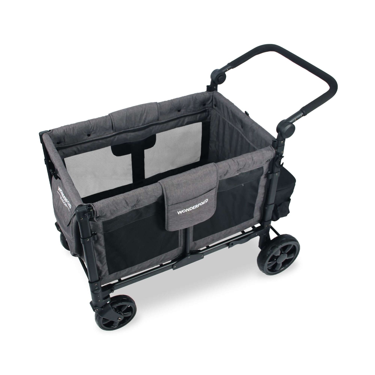 W4 Elite Quad Stroller Wagon - Top Inclined Side View of W4 Elite Quad Stroller Wagon Gray without Seats