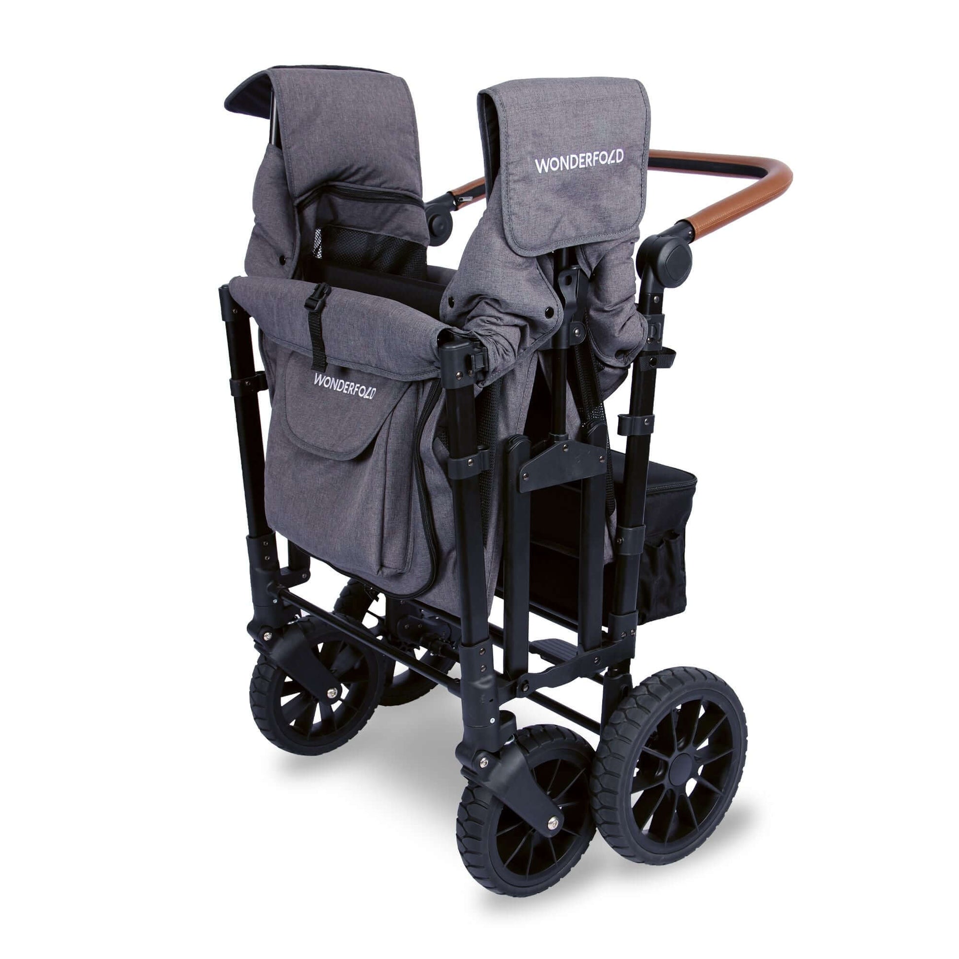 W4 Luxe Quad Stroller Wagon - Inclined Side View of Folded W4 Luxe Quad Stroller Wagon Gray