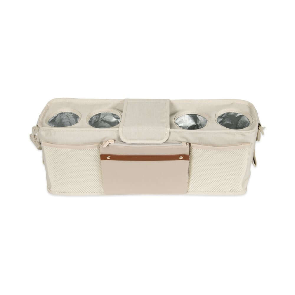 Parent Console Snack Activity Tray with 4 Cupholders - Top Inclined Front View of Parent Console with 4 Cup Holders Beige