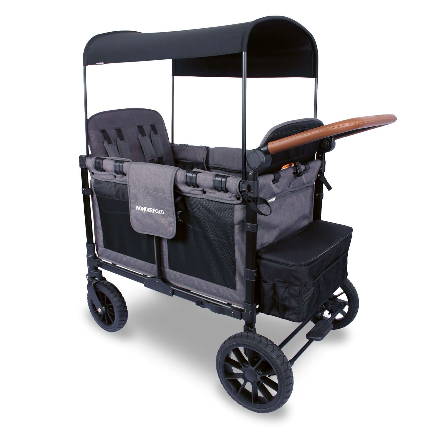 W4 Luxe Quad Stroller Wagon - Inclined Rear View of W4 Luxe Quad Stroller Wagon Gray