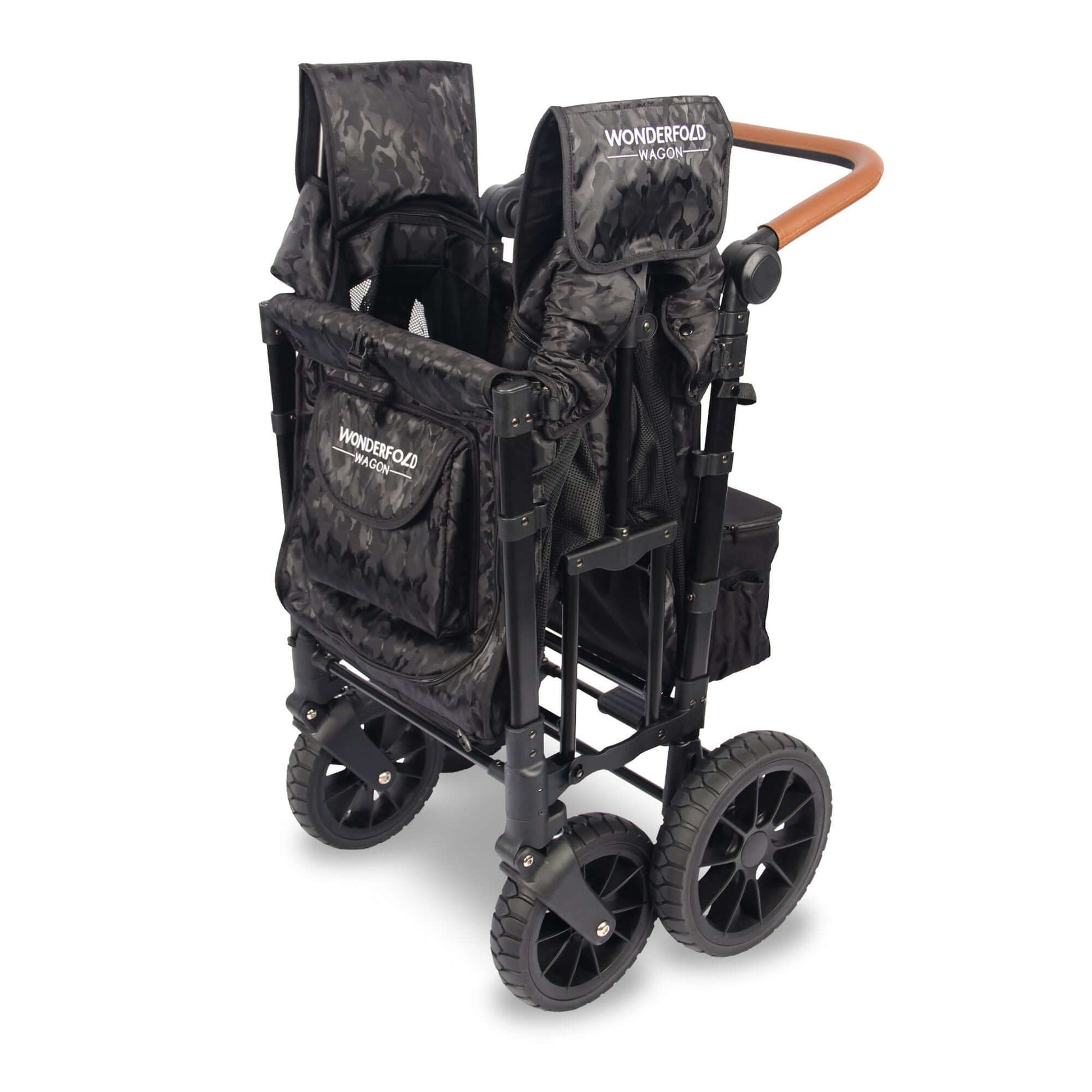 W2 Luxe Double Stroller Wagon - Inclined Side View of Folded W2 Luxe Double Stroller Wagon Elite Black Como