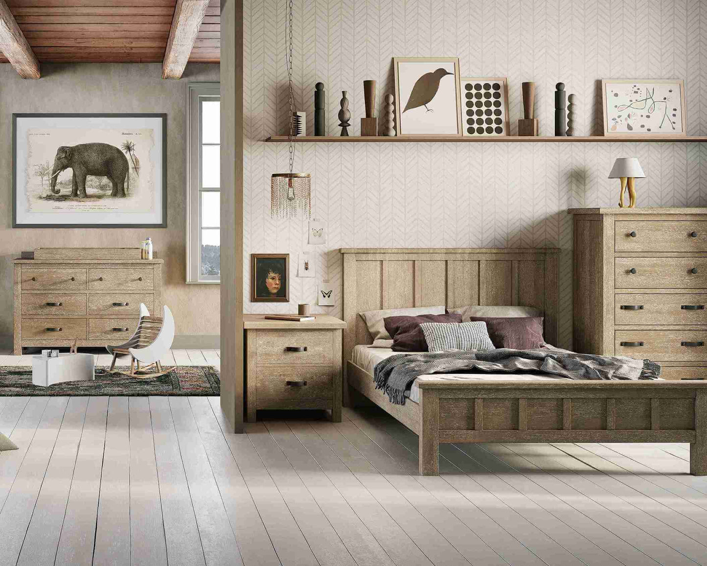Relic 5 Drawer Chest - Lifestyle Image Side View of 5 Drawer Chest Fossil Beside Full Size Bed