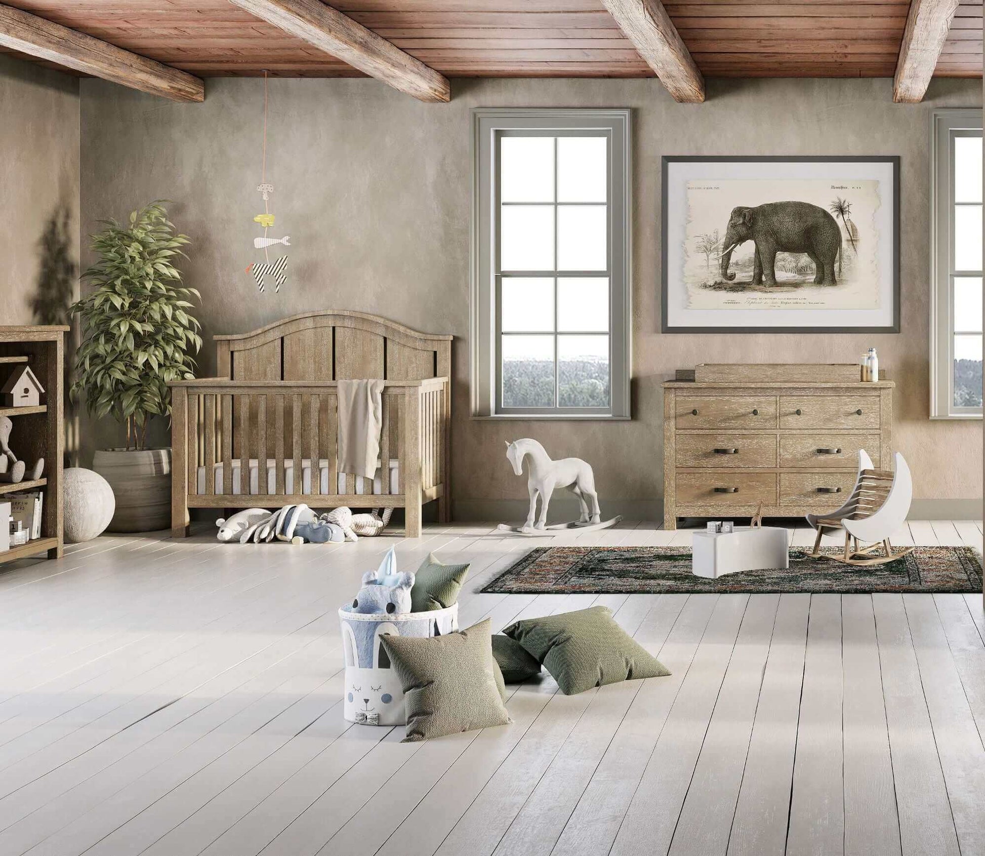 Relic Arch 4-in-1 Convertible Crib - Lifestyle Image of All Relic's Product Fossil