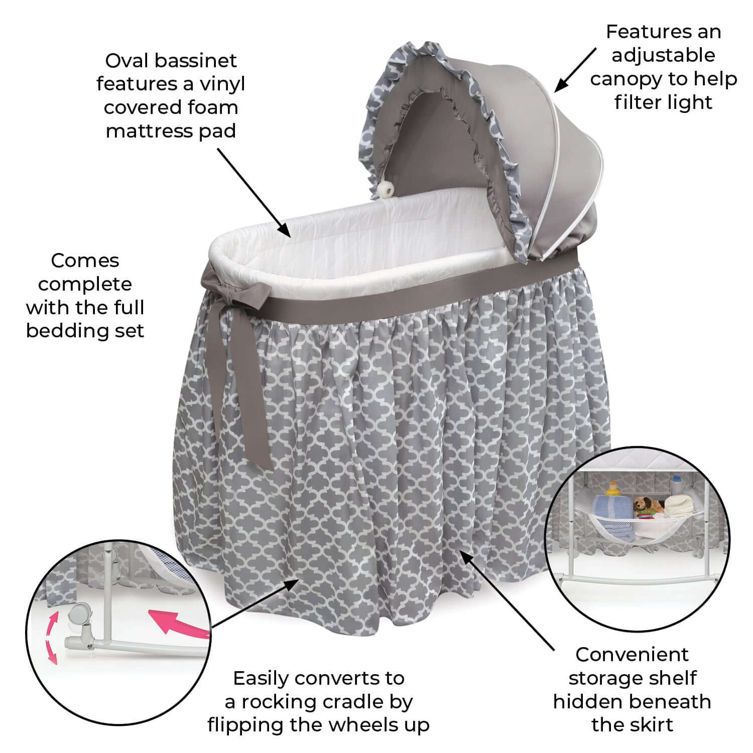 Wishes Oval Bassinet - Inclined Side View Feature Image of Wishes Oval Bassinet Gray/Lantern