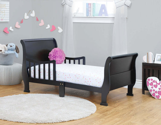 Sleigh Toddler Bed - Lifestyle Image Inclined Side View of Sleigh Toddler Bed Espresso