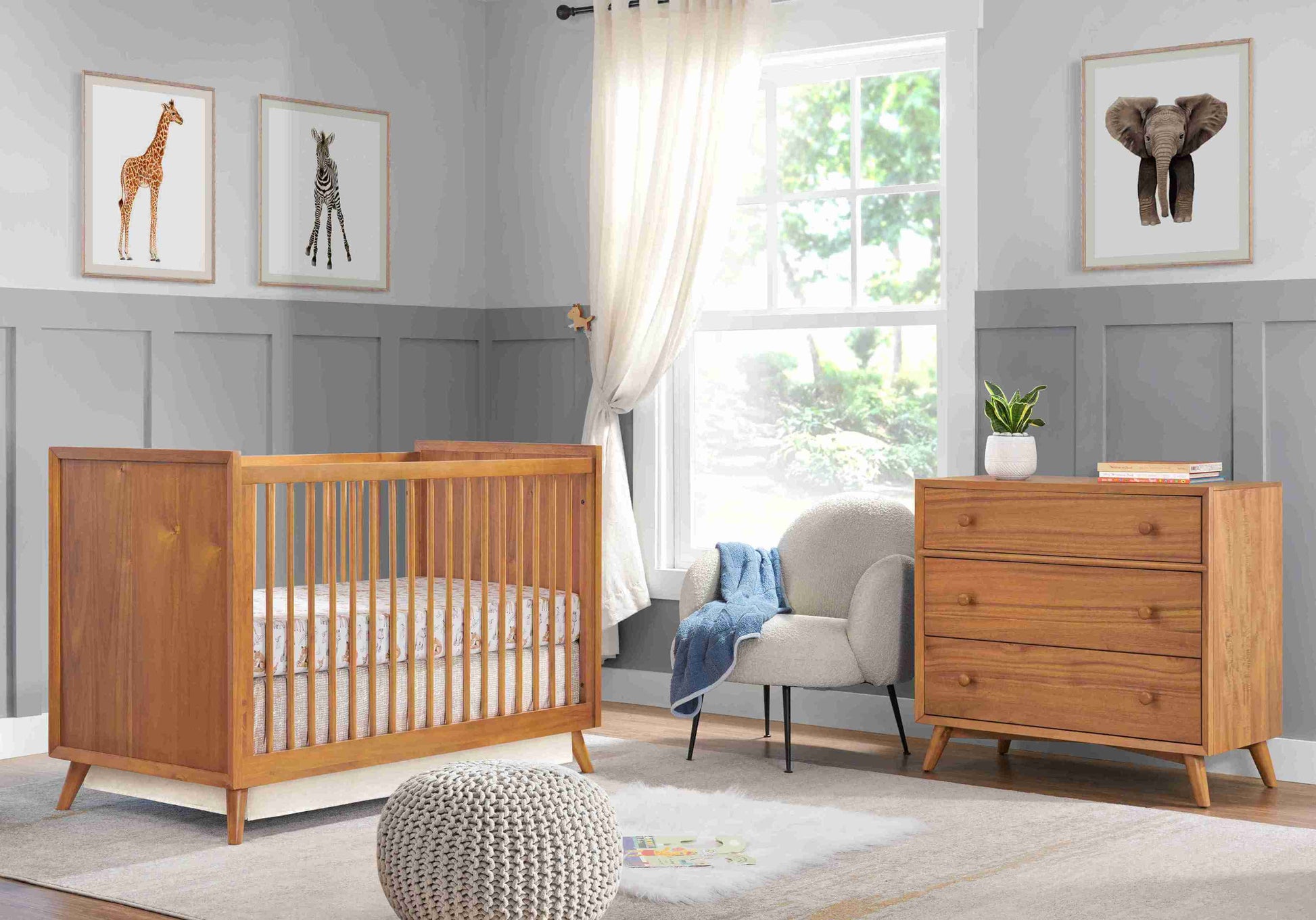 Dawson 3 Drawer Dresser - Lifestyle Image Inclined Side View of Dawson 3 Drawer Dresser Honey Brown with Full Sized Bed 