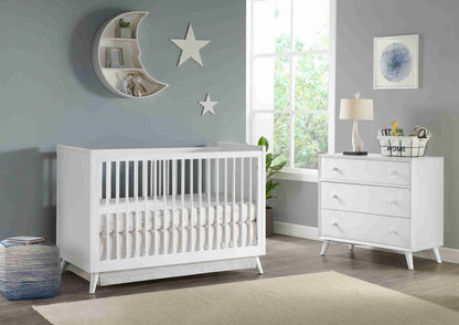 Dawson 3 Drawer Dresser - Lifestyle Image Inclined Side View of Dawson 3 Drawer Dresser White with Full Sized Bed 