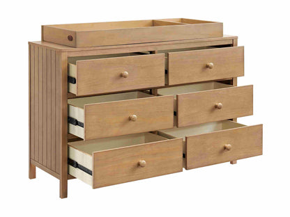 Everlee Changing Topper - Inclined Side View of Everlee Changing Topper on Top of Open 6 Drawer Dresser Honey