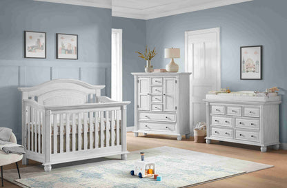 London Lane 7 Drawer Dresser - Lifestyle Image of London Lane & Drawer Dresser with 1-Drawer Nightstand and Convertible Crib Vintage White
