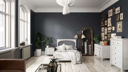 Cameo Tall 5 Drawer Chest - Lifestyle Image Side View of Cameo 6 Drawer Double Dresser Beside Tall 5 Drawer Chest Steam