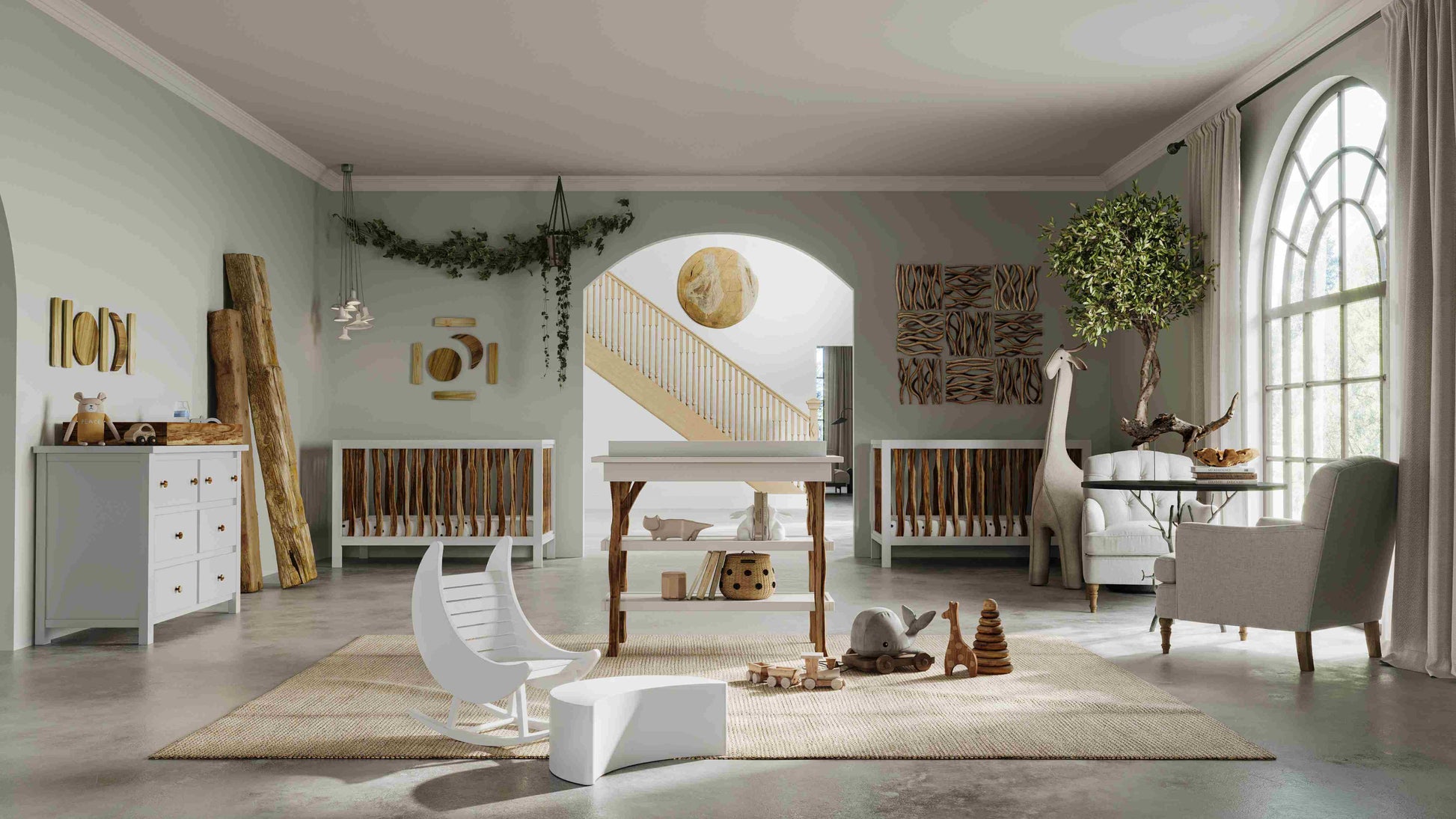 Branch 4 in 1 Convertible Crib - Lifestyle Image of All Branch Products