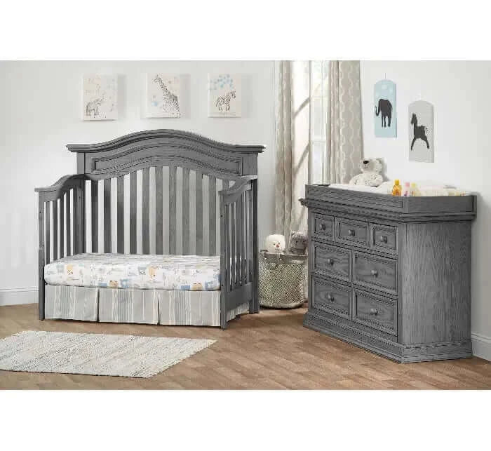 Glenbrook 4-in-1 Convertible Crib - Crib and changer room view Gray