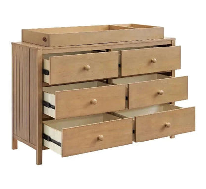 Everlee 6 Drawer Dresser - Honeywood side with drawers open and changing topper