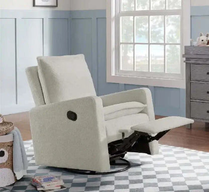 Uptown Nursery Swivel Rocker and Recliner - Boucle White recliner open room