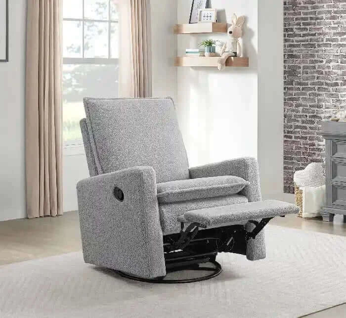 Uptown Nursery Swivel Rocker and Recliner - Boucle Koala Gray Recliner open