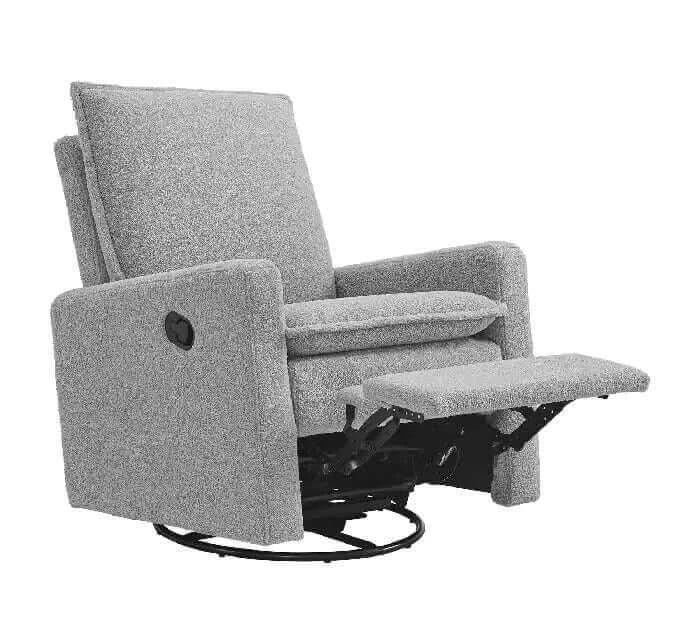 Uptown Nursery Swivel Rocker and Recliner - Boucle Koala Gray Recliner open