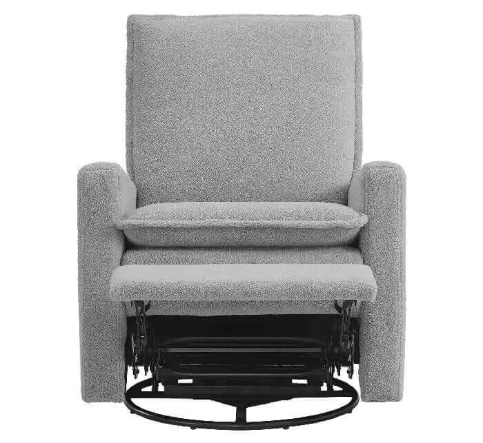 Uptown Nursery Swivel Rocker and Recliner - Boucle Koala Gray Front with recliner open