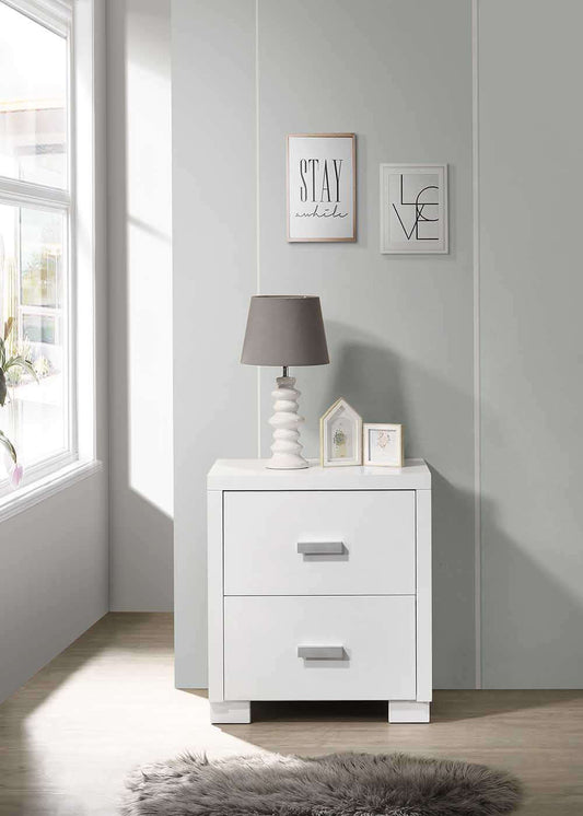 Orbelle Nightstand - Lifestyle Image Front View of Nightstand  with a Drawer Open White