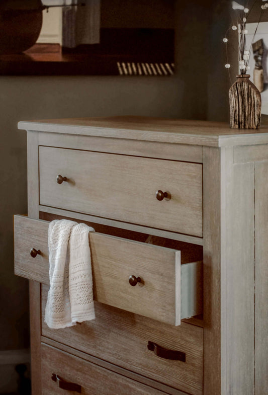 Relic 5 Drawer Chest - Lifestyle Image of 5 Drawer Chest with 1 Drawer Open Fossil