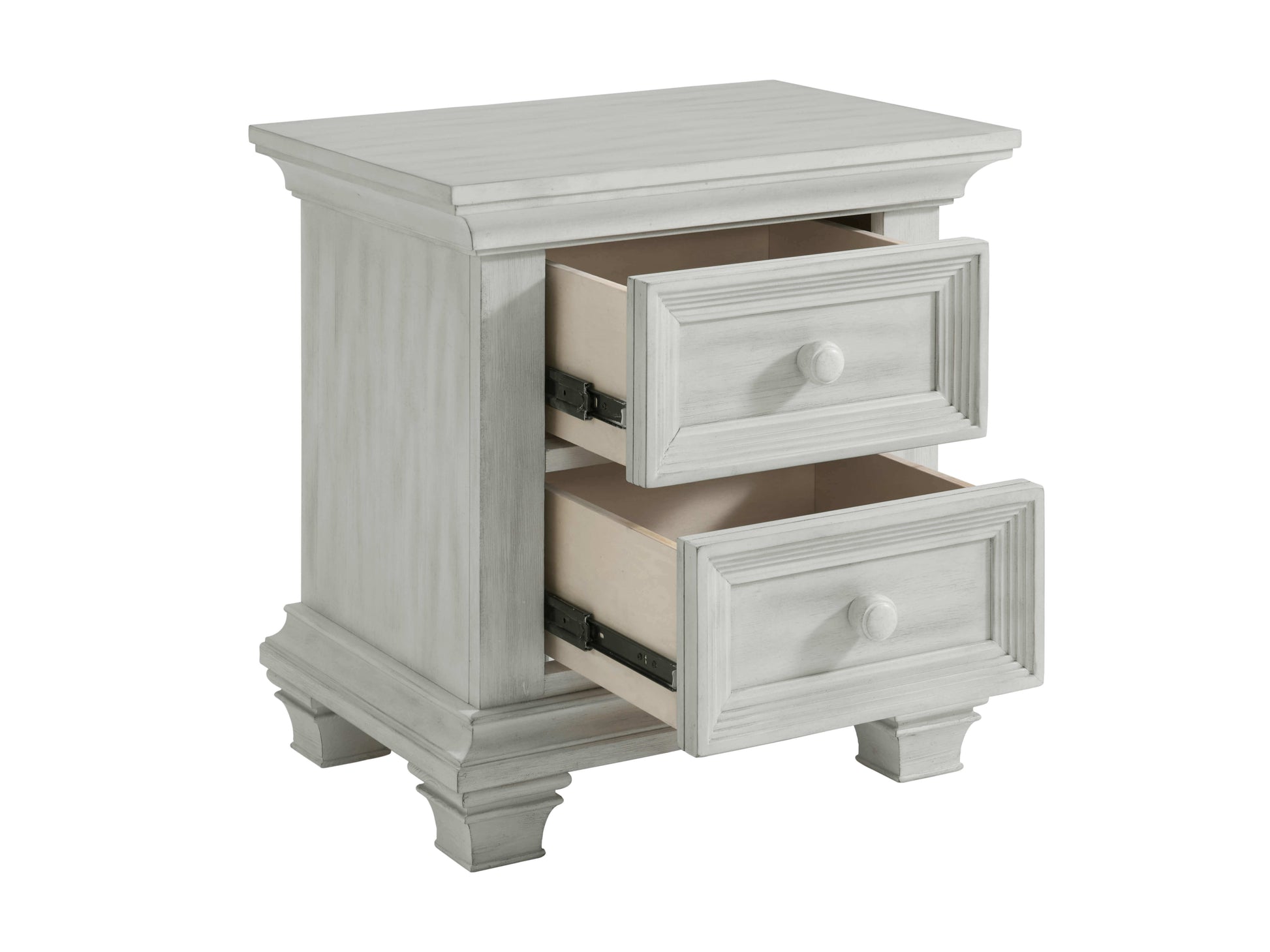 Weston Nightstand - Inclined Side View of Open Drawer Weston Nightstand Vintage White