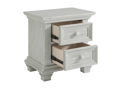 Weston Nightstand - Inclined Side View of Open Drawer Weston Nightstand Vintage White